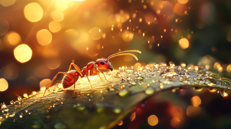 A captivating close-up of an ant on a dewy leaf, showcasing vibrant colors and a soft bokeh background. Perfect for nature and insect themes.の素材