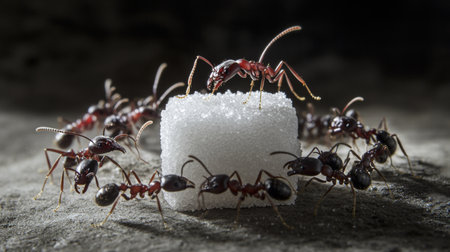 A captivating close-up of ants engaging with a sugar cube, showcasing their teamwork and intricate behavior in a dimly lit environment.の素材