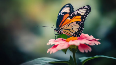 A stunning close-up of a colorful butterfly perched on a pink flower, showcasing the intricate details of its wings and the beauty of nature in a serene garden setting.の素材