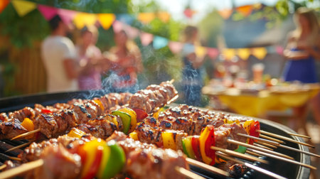 Enjoy a lively outdoor barbecue scene featuring delicious grilled skewers of meat and vegetables, surrounded by friends and colorful decorations.の素材