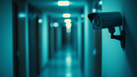 A security camera mounted in a dimly lit hotel corridor, emphasizing surveillance and safety in a modern environment. Ideal for security-related themes.の素材
