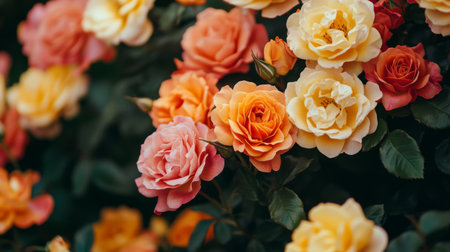 A stunning close-up view of vibrant roses in shades of pink, orange, and yellow, capturing the beauty of nature's blooms in a lush garden setting.の素材