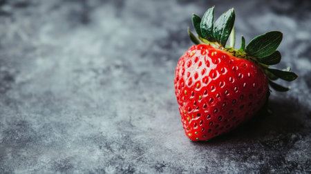A vibrant red strawberry rests on a dark textured surface, showcasing its fresh appearance. Perfect for food photography, recipes, or healthy lifestyle themes.の素材