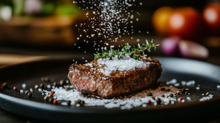 A beautifully cooked steak garnished with herbs and salt, perfect for culinary photography. Ideal for food blogs, menus, and gourmet recipes.の素材