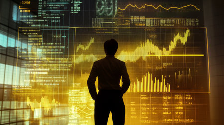 A business analyst stands confidently in front of a digital screen displaying financial data, showcasing insights and trends that drive strategic decision-making.の素材