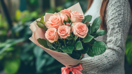 A stunning bouquet of soft pink roses held by a woman, surrounded by lush greenery. Perfect for capturing the essence of love and beauty in nature.の素材