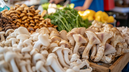 A vibrant display of fresh mushrooms and vegetables at a local farmers market. This scene captures the essence of healthy eating and farm-to-table produce.の素材
