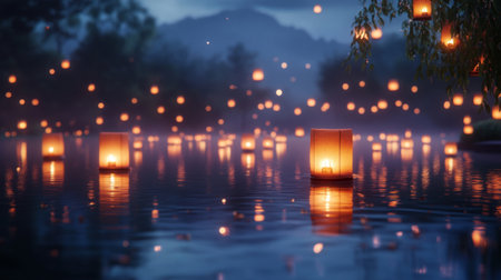 A serene night scene featuring glowing lanterns floating on calm water, creating a tranquil ambiance that invites relaxation and contemplation in nature.の素材