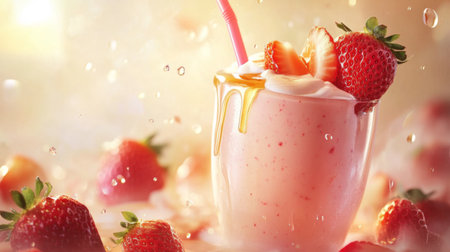 A delightful strawberry smoothie topped with honey and fresh strawberries, capturing the essence of summer in a refreshing and tasty drink.の素材