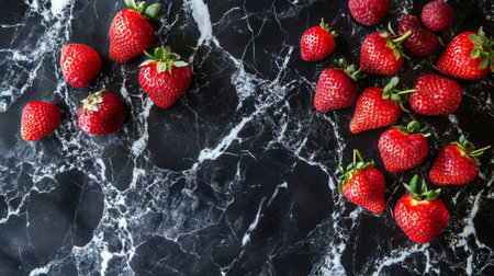 A close-up view of fresh red strawberries arranged on a black marble background. Perfect for food-related themes and nature photography.の素材