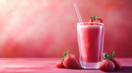 This vibrant strawberry smoothie is served in a tall glass with a straw, perfect for summer. Fresh strawberries garnish the drink, making it look refreshing and delicious.の素材