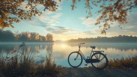 A tranquil morning scene featuring a bicycle by a serene lake at sunrise. The fog enhances the beauty of nature, inviting exploration and peace.の素材