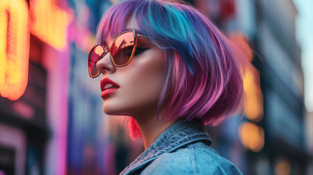 A stylish woman with vibrant pink and blue hair showcases her chic sunglasses against a colorful urban background, embodying summer vibes and modern fashion.の素材
