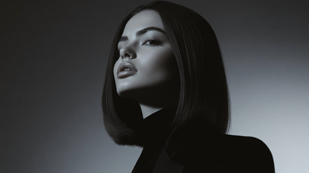This captivating black and white portrait features a confident woman in a sleek outfit. The dramatic lighting accentuates her elegant features and stylish pose, creating a powerful visual.の素材