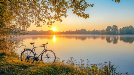 A tranquil scene depicting a serene sunrise over a lake, complemented by a bicycle at the water's edge. Ideal for themes of adventure and relaxation.の素材