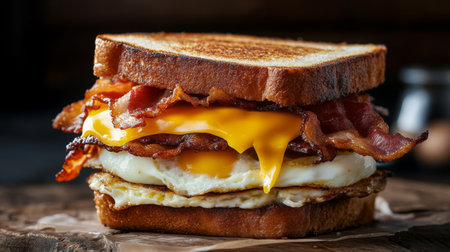 A mouth-watering breakfast sandwich featuring crispy bacon, a fried egg, and melted cheese stacked between toasted bread, perfect for any morning.の素材