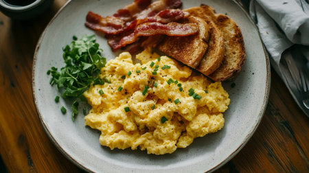 A vibrant breakfast plate featuring scrambled eggs, crispy bacon, toast, and fresh herbs, perfect for a hearty morning meal or brunch setup.の素材