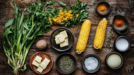 Explore vibrant fresh ingredients arranged on a rustic wooden table, showcasing corn, butter, herbs, and spices, perfect for culinary inspiration.の素材