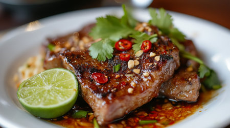 This vibrant image showcases grilled steak topped with chili and lime, presenting an appetizing and gourmet culinary experience perfect for any dining occasion.の素材