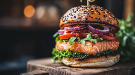 A delicious salmon burger topped with fresh vegetables, served on a wooden board. Perfect for a gourmet meal or casual dining experience.の素材