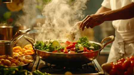 A chef skillfully prepares a variety of fresh vegetables in a rustic kitchen. Steam rises as vibrant colors blend in the pot, creating a delicious meal.の素材