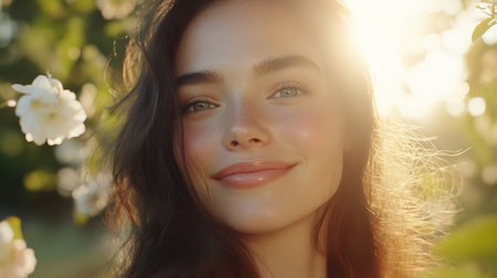 A joyful woman smiles softly in natural sunlight surrounded by blooming flowers, capturing a serene moment filled with happiness and beauty.の素材