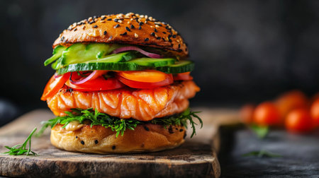 A delicious salmon burger stacked with fresh vegetables on a sesame seed bun, perfect for a healthy meal. Vibrant colors and appetizing presentation!の素材