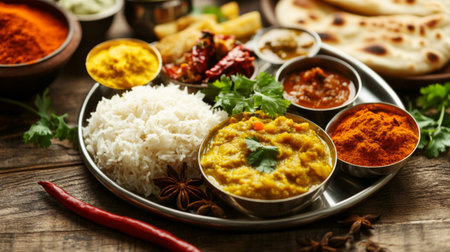 Explore a vibrant plate of Indian cuisine featuring rice, flavorful curry, and an array of spices, perfect for food enthusiasts and culinary art lovers.の素材