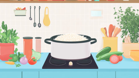 A cozy kitchen featuring a pot of rice on the stove surrounded by fresh vegetables and herbs. A warm and inviting culinary space perfect for home cooking.の素材