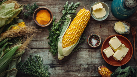 Explore a vibrant arrangement featuring fresh corn and herbs on a rustic wooden table, perfect for culinary inspiration and seasonal cooking ideas.の素材