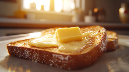 Freshly toasted bread with a pat of butter melting on top, capturing the essence of a warm morning. Perfect for breakfast or brunch enjoyment.の素材