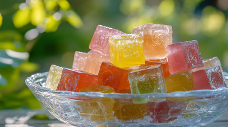 A vibrant display of colorful jellies piled in a glass bowl, set against a natural backdrop. Perfect for summer gatherings or dessert promotions.の素材