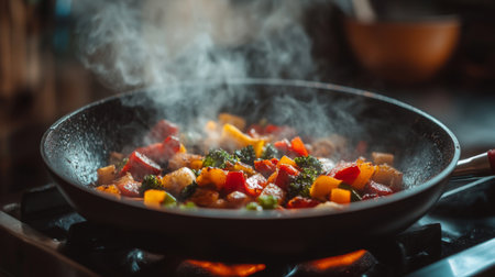 A vibrant medley of colorful vegetables sizzling in a hot frying pan, creating delicious steam. Perfect for healthy meal preparation and cooking inspiration.の素材