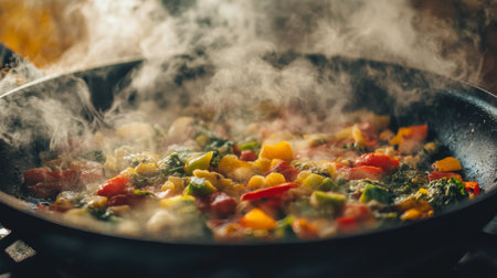 A colorful mix of fresh vegetables cooking in a pan, releasing steam. This vibrant scene captures the essence of healthy culinary preparation, perfect for food enthusiasts.の素材