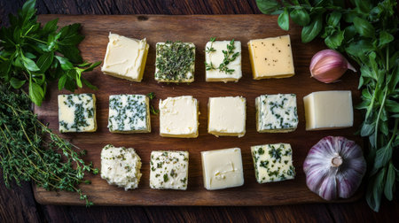 A beautiful display of assorted herb-infused butters arranged on a wooden board, featuring garlic, thyme, and parsley, perfect for enhancing dishes.の素材
