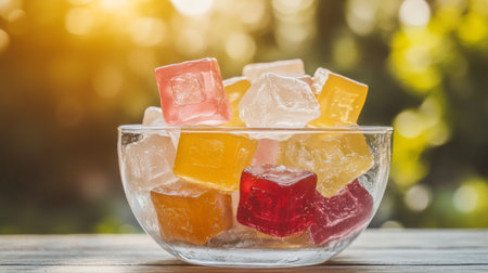 A clear bowl filled with colorful ice cubes shines in the sunlight, creating a refreshing and vibrant aesthetic perfect for summer gatherings and drinks.の素材