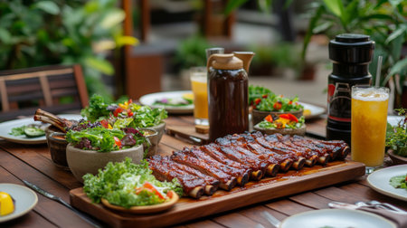 A vibrant barbecue spread featuring succulent ribs covered in sauce, accompanied by fresh salads and refreshing drinks, perfect for outdoor gatherings.の素材