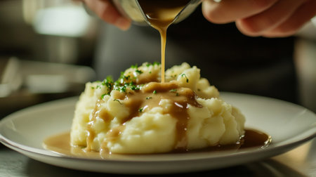 A close-up view of creamy mashed potatoes topped with rich gravy and fresh herbs, perfect for showcasing culinary skills and comfort food appeal.の素材
