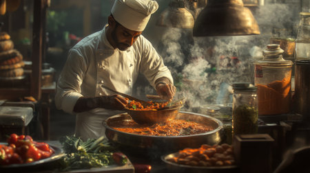 A skilled chef meticulously prepares a flavorful dish in a bustling kitchen filled with vibrant ingredients, steam, and culinary artistry.の素材