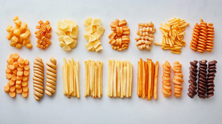 A vibrant display of various snacks arranged in a neat pattern. Each type features unique shapes and colors, perfect for casual gatherings or special occasions.の素材