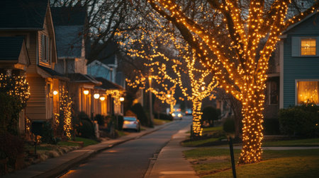 A charming street adorned with twinkling holiday lights, creating a warm and inviting atmosphere during the evening hours. Perfect for festive themes.の素材