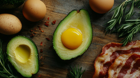 A flat lay of fresh ingredients including avocado, eggs, and bacon, perfect for a healthy breakfast or brunch recipe. Enjoy the vibrant colors and textures.の素材