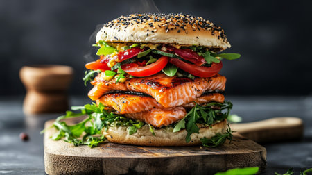 A beautifully layered salmon burger featuring fresh herbs, tomatoes, and a toasted sesame seed bun, perfect for gourmet meal lovers and food photography.の素材