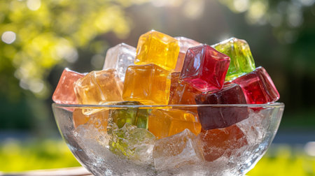 A vibrant collection of colorful ice cubes sitting in a glass bowl filled with ice, capturing the essence of summer and refreshment in bright sunlight.の素材