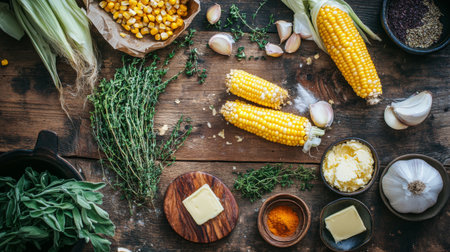 A beautiful arrangement of fresh corn, garlic, and herbs on a rustic wooden table, perfect for showcasing organic cooking ingredients and vibrant flavors.の素材