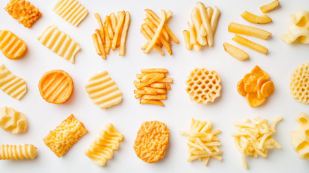 A colorful assortment of assorted frozen french fry varieties on a white background, showcasing unique shapes and textures perfect for quick meals and snacks.の素材