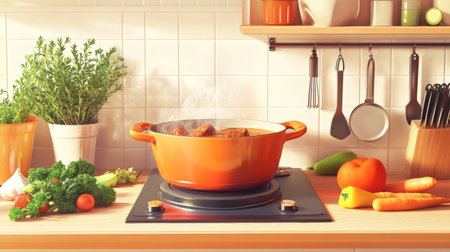 A vibrant kitchen scene featuring a steaming orange cooking pot surrounded by fresh vegetables and herbs, showcasing a lively culinary atmosphere perfect for home cooking.の素材