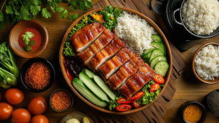 A vibrant and appetizing display of Asian cuisine featuring succulent meat, fresh vegetables, and fluffy rice, perfect for a delightful dining experience.の素材