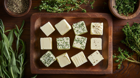A beautiful arrangement of herb-infused butter cubes on a rustic wooden board, surrounded by fresh herbs, showcasing culinary creativity and natural flavors.の素材