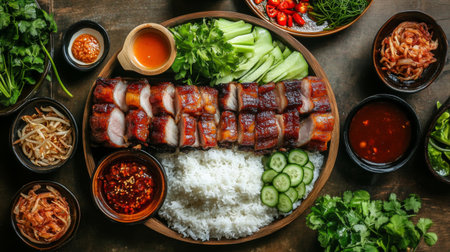 A beautiful arrangement of grilled meat served with rice and fresh vegetables, showcasing vibrant colors and inviting textures for a delightful meal.の素材